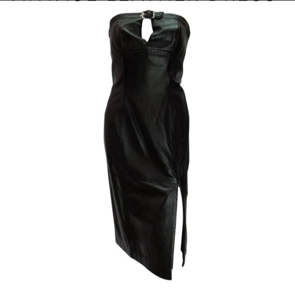 Thierry Mugler leather strapless dress